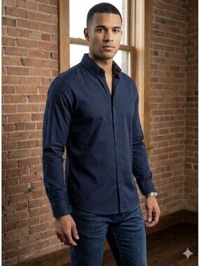 Steel Jelly London Mens L Shirt L Button Blue Black Dot Cotton Career Casual